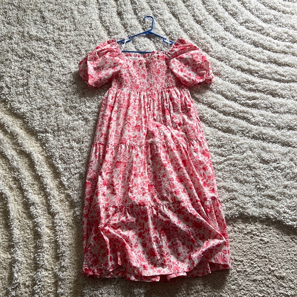 Abercrombie Pink Patterned Smocked Bodice Poplin Midi Dress
